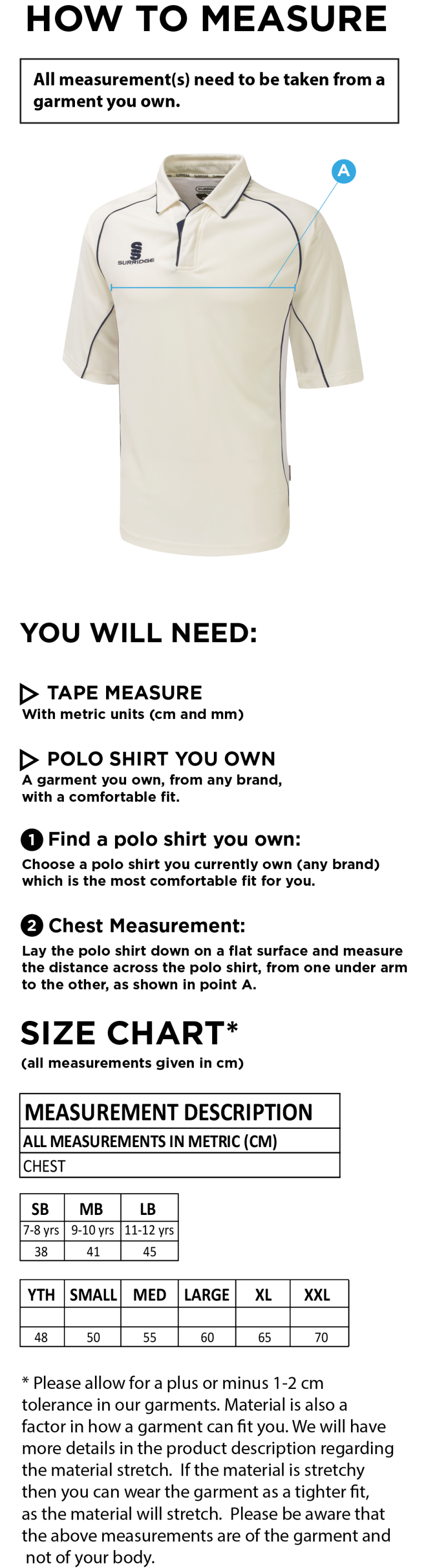 Fenwick CC - Premier 3/4 Cricket Shirt - Size Guide