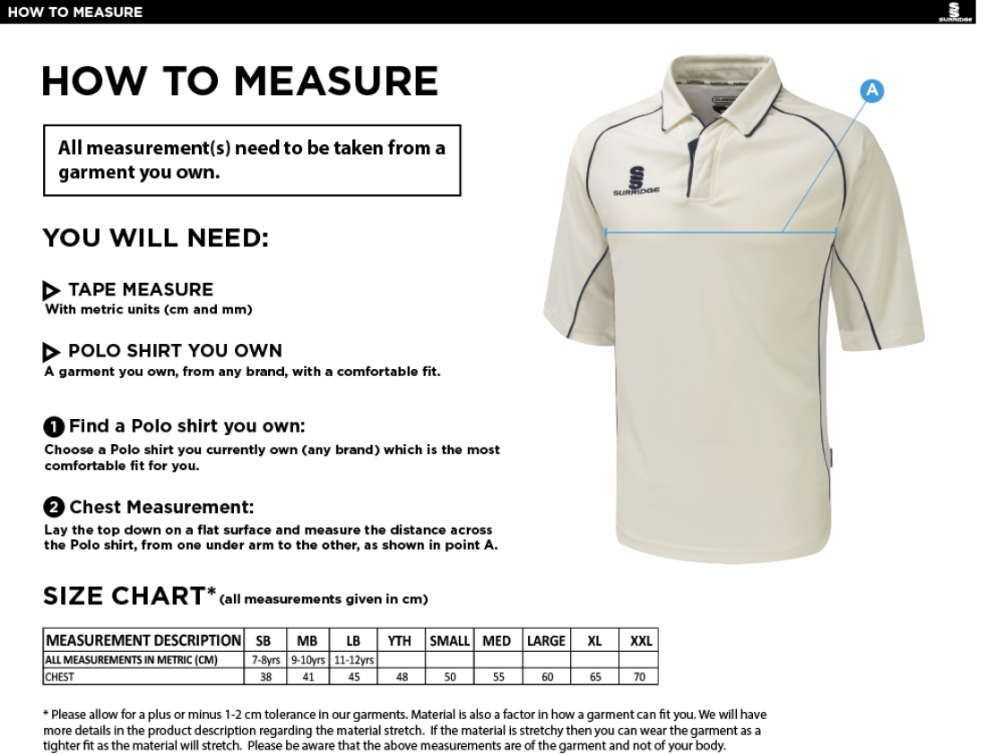 Fenwick CC - Premier 3/4 Cricket Shirt - Size Guide
